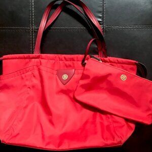ANNE KLEIN ALLY Y2K NYLON TOTE BAG LARGE RED WEEKENDER WITH WRISTLET MAKEUP BAG